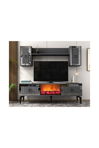 Vivense LİİNDA TV ÜNİTESİ ŞÖMİNELİ TAKIM, ANTRASİT GÜMÜŞ, 150 CM