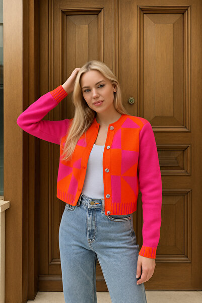 Puella Hrk0004 Women's Fujya-Orange Geometric Shaped Daisy Button Knitwear Cardigan