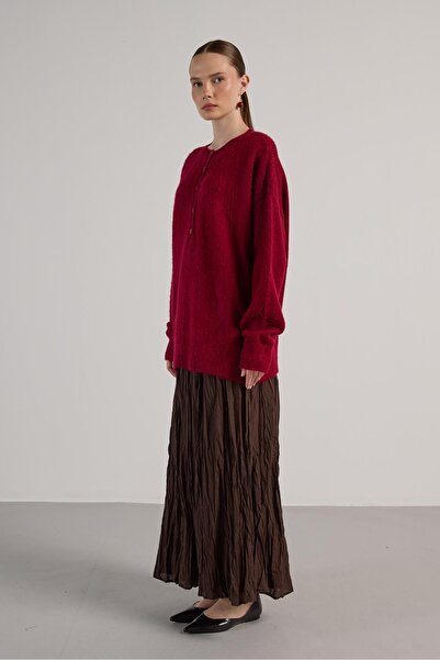 minaaise Women's Burgundy Button Detailed Oversized Yumoş Sweater 30031