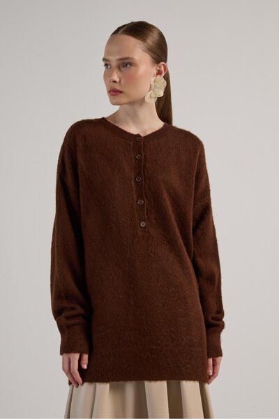 minaaise Women's coffee brown button-down Oversized soft knit sweater 30031