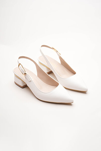 Lizzu Women's Gold Detailed Heeled Shoes Vorina White Skin