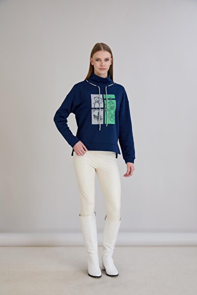 Sortie Women's Turtleneck Long Back Printed Midi Length Two Thread Fisherman Cord Indigo Sweatshirt