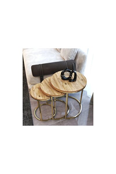 Vivense TUBİHOME ZİGON SEHPA TAKIMI, GOLD AYAK AÇIK AHŞAP