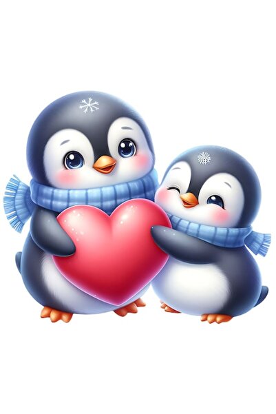 OEM Sticker with 2 penguins holding a heart, illustration, snowflakes, scarves, winter, PVC Vinyl 15 cm
