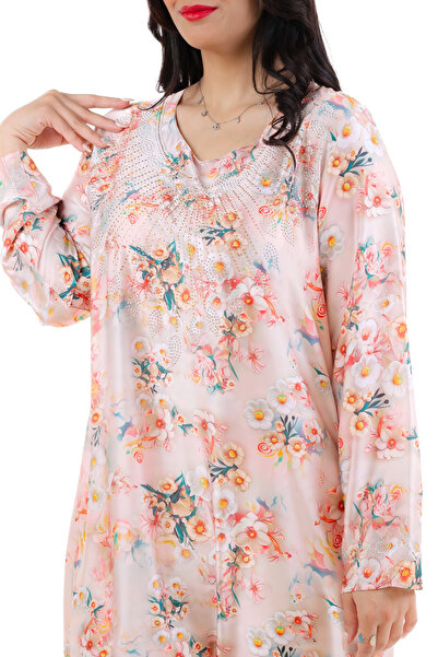 amaan Women's Floral Satin Jalabiya, Crystal Embroidered Long Sleeve Maxi Dress, Modern Arabic style