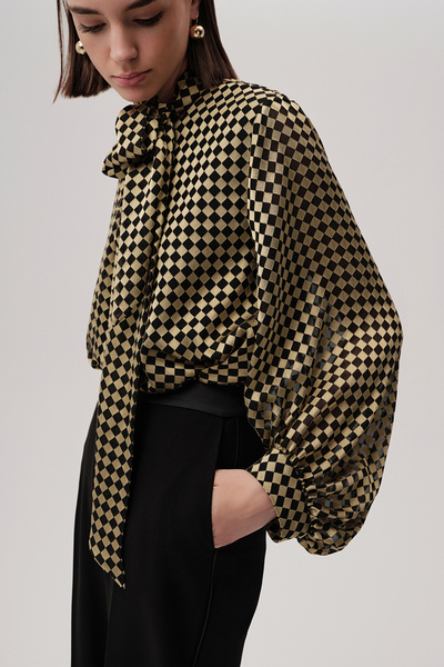 Exquise Patterned Balloon Sleeve Tie-Up Gold Black Blouse