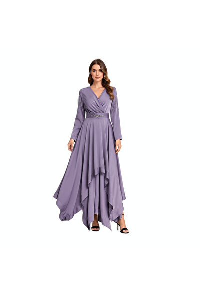 PRİNCESS فستان سواريه بنفسجي بأكمام طويلة مطرزة وحزام مطرز