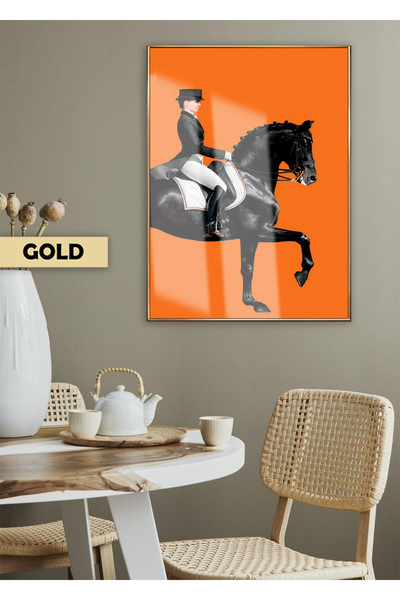 Harikabirev HARİKABİREV | CULOARE PORTOCALIE MODEL JOKEY FEMEI ȘI CAL-02 | TABLA DE STICLA TEMPLATA CU CADRU, SIMPLE, VERTICALA