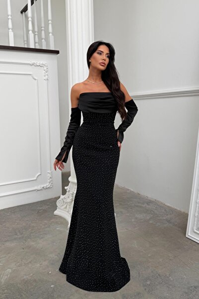 Serica Moda Rochie din satin negru cu detaliu de mâneci Stone cu imprimeu