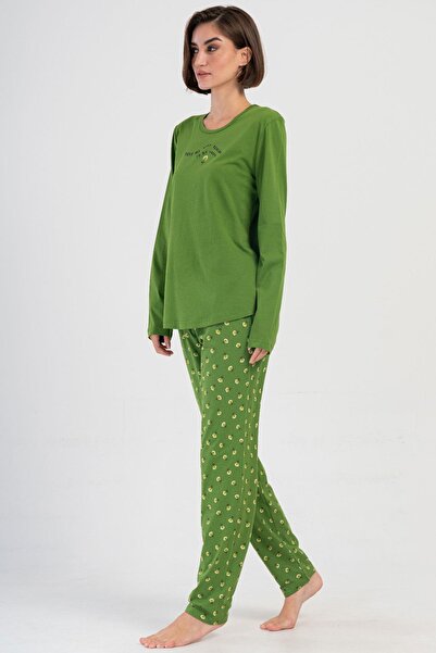 VİENETTA Women's Plus Size Green Color Long Sleeve Crew Neck Pajama Set C1T1N0504