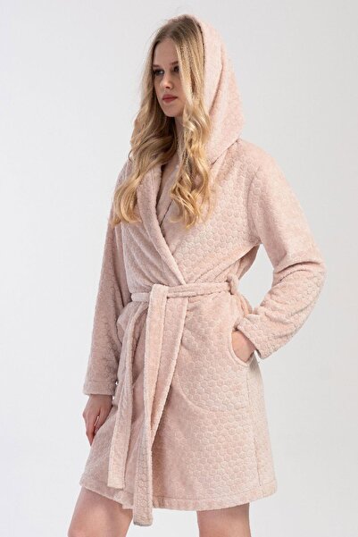 VİENETTA Women's Beige Color Hooded Welsoft Pocketed Dressing Gown C5T1N1304