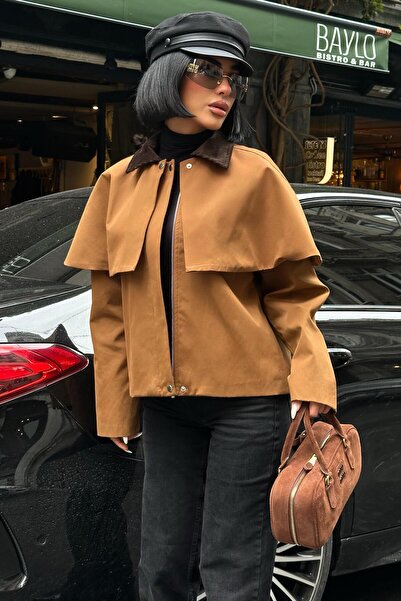 Lijuri Trench Coat Style Cape Jacket – Velvet Detail Coat 7076-08