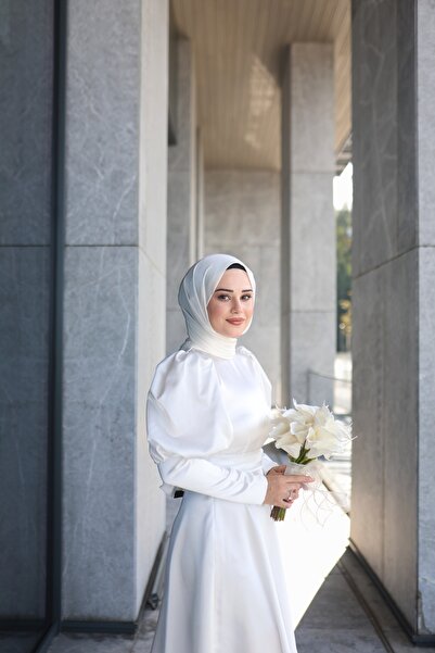 By Atelier Beyaz Prenses Balon Kol Bileğe Kadar Manşetli Kuyruklu Nikah Abiyesi