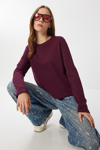 Lovelyİstanbul بلوزة قطنية محبوكة أساسية LUB0271 بلون البرقوق