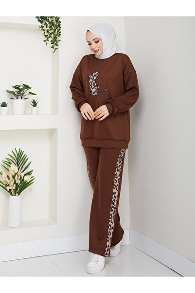 Wual giyim Leopard Printed Sweatshirt Tracksuit Set