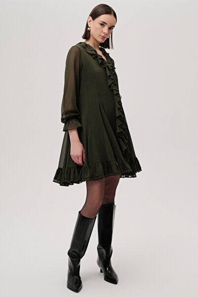 Exquise Fırfırlı V Yaka Uzun Kollu Regular Astarlı Mini Şifon Yeşil Elbise