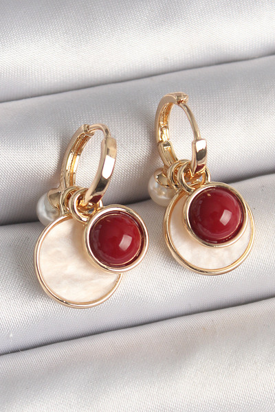 Skygo Brass Gold Color Hanging White Enameled Claret Red Detail Women's Earrings - Tj-Bkp10362