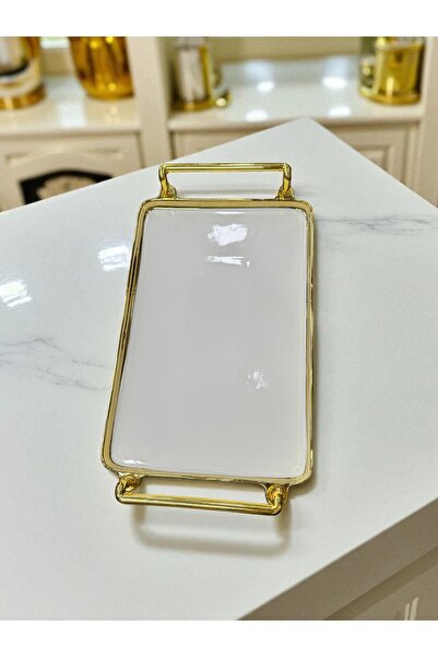 İnterlife Porcelain Luxury Presentation Tray with Gold Frame, Unbreakable Durable Plastic Decorative Tray with Handles 28X19 cm
