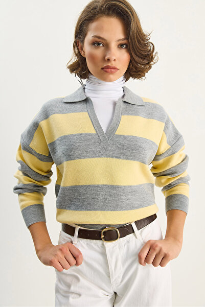 Bianco Lucci Жіночий смугастий светр з поло-коміром TK251122 60283700