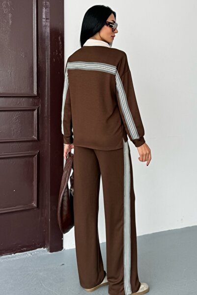 Ded COLLECTION Women's Zippered Collar Back Striped Detail Sporty Stylish Modal Set