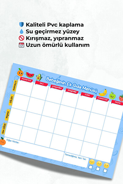 Metranya Bebeğimin Ek Gıda Takip Çizelgesi, Haftalık Yemek Menüsü Planlayıcısı, Anne Öğün Takip Magnetli