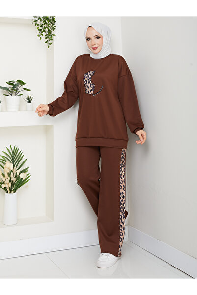 Wual giyim Leopard Printed Sweatshirt Tracksuit Set