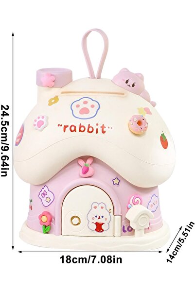 HEDİYE FİKRİ Sevimli Tavşan Ev Kumbara (LED Işıklı ve Sticker Hediyeli) Pembe...