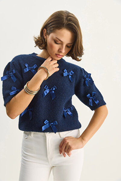 Bianco Lucci Pulover tricotat cu mânecă scurtă pentru femei guler rotund cu detaliu cu fundă 2494 60283676