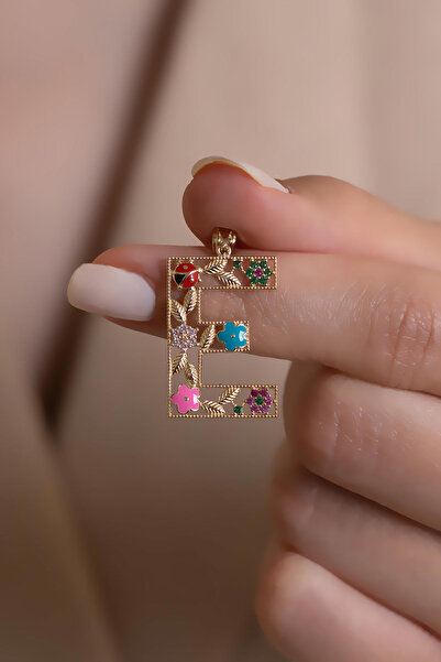 AMES GOLD KUYUMCULUK 14 Ayar Altın E Harfi Renkli Taş Kolye Ucu