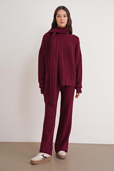 Mixray 6970 Women's Braided Scarf Knitwear Set Burgundy