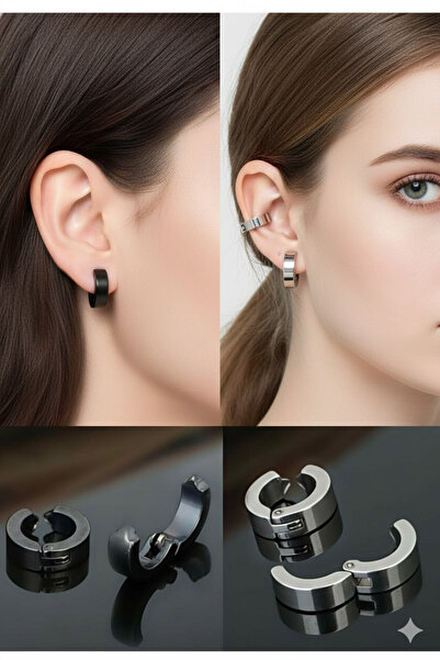 Glapzen Siyah ve Gümüş Renk Sıkıştırmalı Unisex Deliksiz Kulak Küpesi – 2 Siyah, 2 Gümüş Adet, Şık Aksesuar