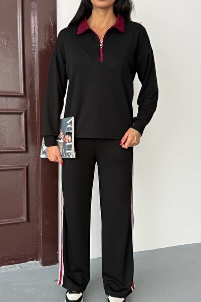 Ded COLLECTION Set sport elegant pentru femei, cu fermoar, cu guler, detaliu cu dungi