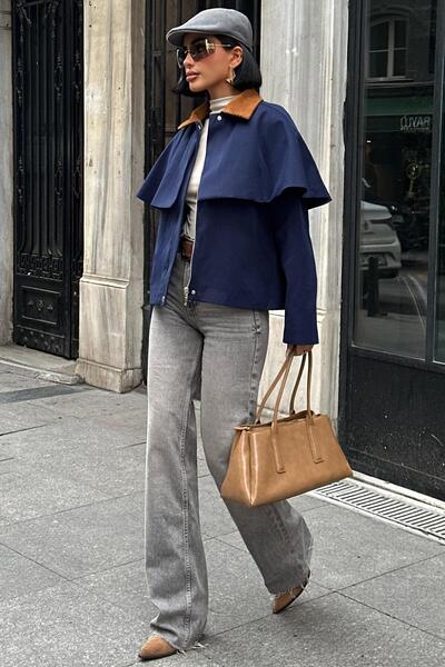 Lijuri Trençkot Stil Pelerinli Ceket – Kadife Detay Mont 7076-08