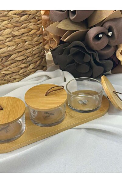 MD MİMOZA DEKOR 3-Piece Bamboo Glass Bowl Set and Multi-Purpose Organizer
