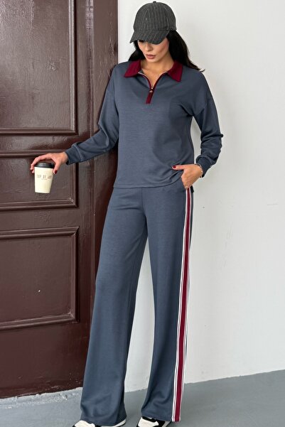 Ded COLLECTION Women's Zippered Collar Back Striped Detail Sporty Stylish Modal Set