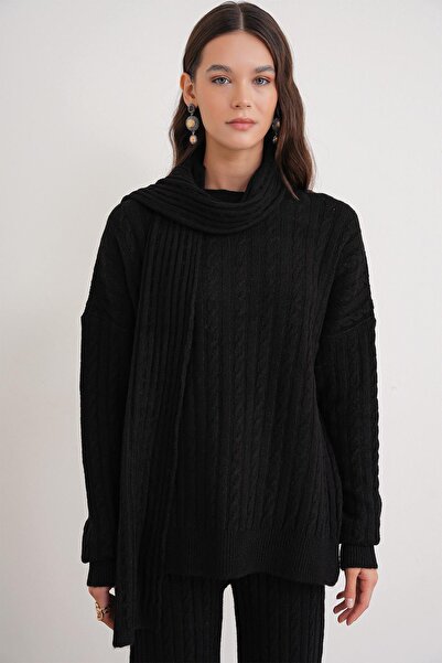 Mixray 6970 Women's Braided Scarf Knitwear Set Black