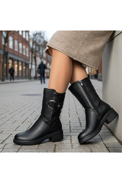 Modlet.ro Дамски черни дълги боти с нисък ток MOD14080