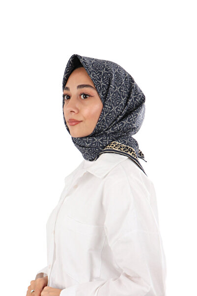 Bursa İpek Navy Blue Dream Pattern Twill Silk Scarf