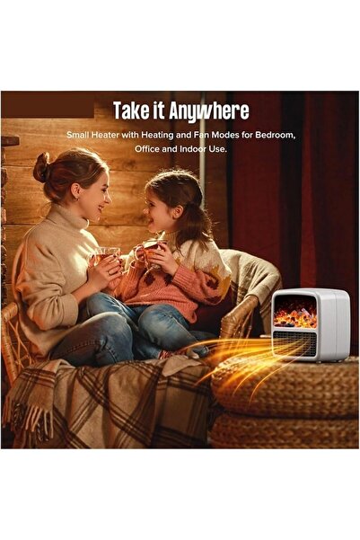 Optim Solution Compact Fan Heater 1500W with Flame LCD Display, Auto Shut-off, Portable & Quiet, 22x22x15 cm, White