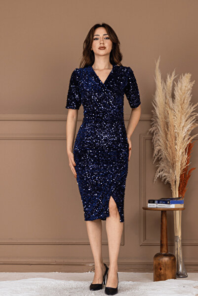 BEYBOS Rochie jachetă din catifea cu paiete - ALBASTRU ÎNCHIS