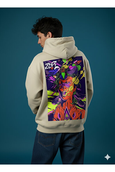 By Caspita Fashion Lenithra Psychedelic Sırt Printed Unisex Oversized Beige Hoodie