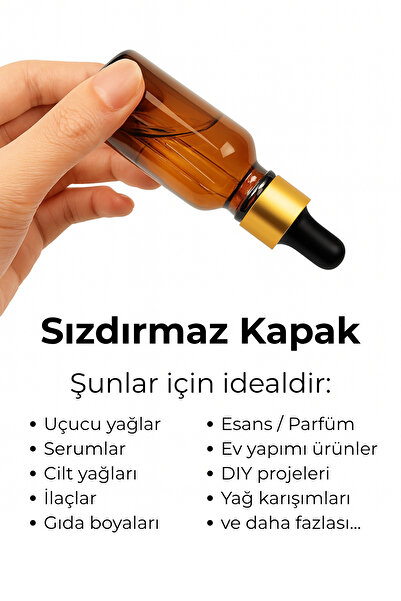 Seray Cam 12’li 50 ml Amber Cam Serum Şişesi + Gold (Altın) Metal Kapaklı Siyah Uçlu Damlalık