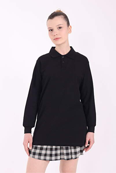 Re&Gi Rekor Tricou unisex pentru adulți cu guler polo pentru școală basic cu mânecă lungă pentru școală tricou bumbac 100% S-2XL negru