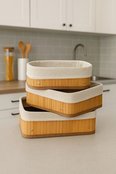 SYN AKSESUAR Bambu 3'Lü Saklama Sepeti, Dikdörtgen Bambu Düzenleyici Sepet Seti