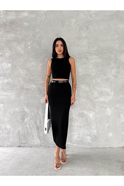aselon Women's Maxi Steel Skirt with Back Slit and Belt Detail