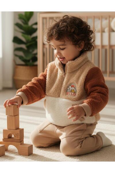 ALTINTAŞ BABY Wild Plush Zipper Collar Sweatshirt and Fleece-Lined Bottoms Pr...