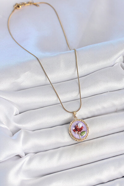 Skygo 316L Steel Gold Color Chain Purple Enamel Pearled Flower Embroidered Portrait Model Women's Necklace - Tj-Bko10156