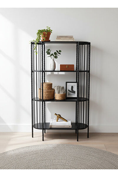 Living Modern Shelf Organizer with Four Wooden Shelves and Elegant Metal Stand