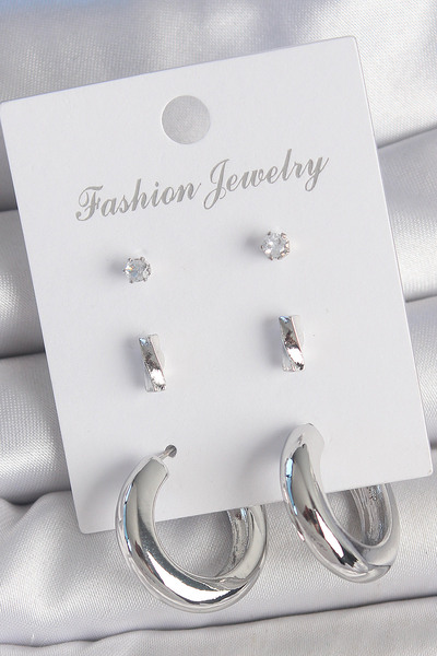 Skygo Brass Silver Color Zircon Stone Detail Hoop Model 3 Pairs Women's Earring Set - Tj-Bkp10598