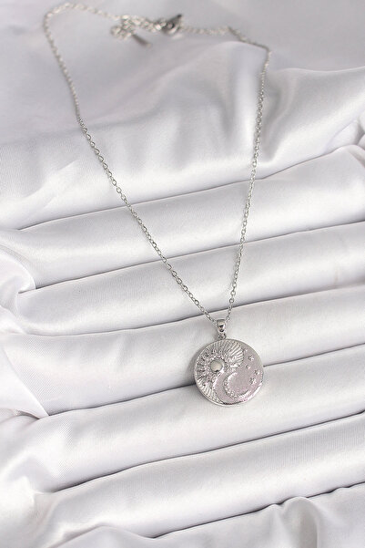 Skygo 316L Steel Silver Color Chain Zircon Stone Moon Sun Engraved Medallion Model Women's Necklace - Tj-Bko9959